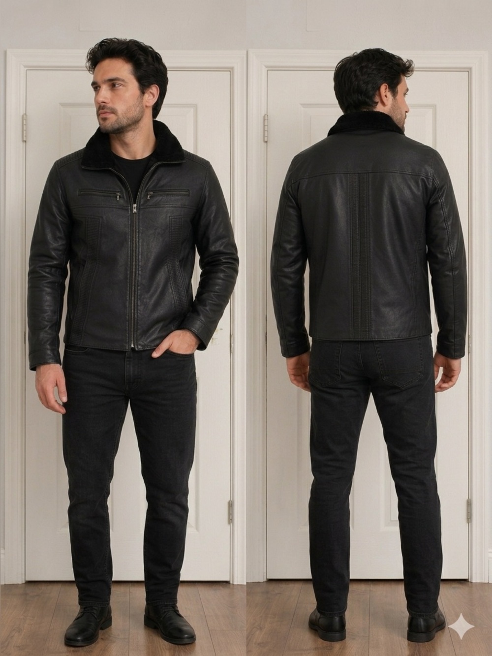 Mens Vintage Distressed Black Leather Shearling Jacket Moto Bomber Fur‎ Collar
